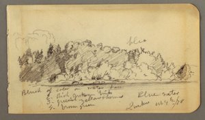Dessin, rivage boisé, eau, 1878