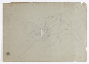 Dessin. a. Esquisse. Ralls de Tequendama près de Bogota, Colombie. b. Vue de chaînes de montagnes lointaines.