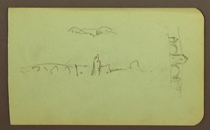Dessin, collines, église, pont ; Verso : personnage, croix, église, 1883 - Frederic Edwin Church