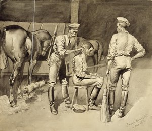 Une coupe de cheveux dans une écurie de cavalerie - Frederic Remington