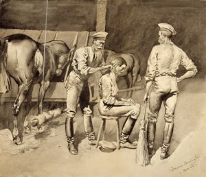 Une coupe de cheveux dans une écurie de cavalerie, c.1893