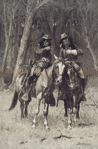 Éclaireurs Cheyenne patrouillant le Grand Bois du Nord Canadien, Oklahoma, 6 avril - Frederic Remington