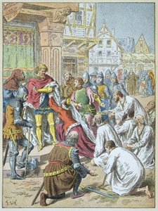 Siège de Calais par Édouard III en 1346 - 1347. La reine Philippa de Hainaut supplie son époux de gracier les bourgeois de Calais.