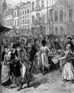 Célébration historique de la commémoration du siège de Lille en 1792 : la Braderie Watteau (grande foire) dans les rues de la ville avec les habitants à la mode du XVIIIe siècle. Gravure de De Haenen dans "Le Monde Illustré" n°1334 du 21 octobre