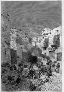 Tunisie, juillet 1881 : les troupes françaises prennent la ville de Stax suite à la révolte des habitants contre le protectorat français de Tunisie. Les fusiliers marins fument les maisons arabes situées au pied de la casbah - Gravure de De Haenen dans « L
