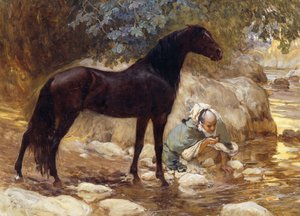 Un Arabe abreuvant son cheval près d