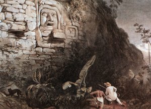 Chasseur et son guide devant la tête maya d