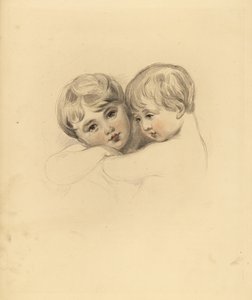 Portrait des enfants Calmeady dans une étreinte. Gravure colorée à la main par Frederick Christian Lewis d