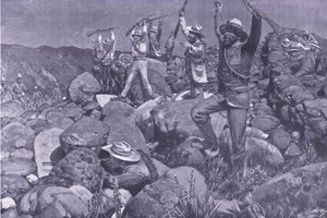 La reddition feinte qui a attiré les Liverpools dans une position désespérée, illustration de Après Pretoria : La guerre de guérilla, 1902 - Frederick Judd Waugh