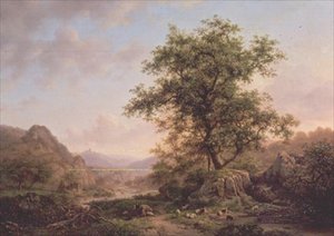 Paysage boisé avec paysans et animaux sur un chemin