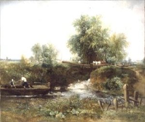 Rivière avec chevaux traversant et esquif - Frederick Waters Watts