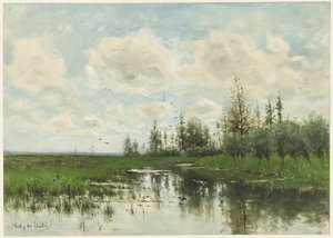 Étang avec des arbres et des prairies