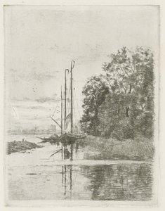 Vue de rivière avec deux bateaux et une barque - Fredericus Jacobus van Rossum du Chattel (signed by artist)