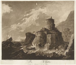 Château sur une côte rocheuse et navires en tempête en mer