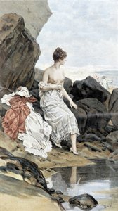 Femme au bord de la mer se baignant en cachette - allégorie de l