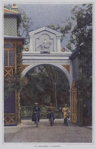 Cyclistes revenant au Château de Madrid dans le Bois de Boulogne, Paris, après une balade (photo couleur)