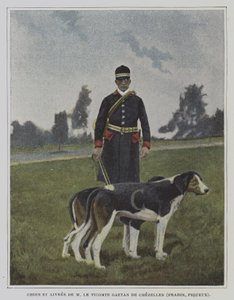 Chien et chasseur en livrée de la chasse du Vicomte Gaëtan de Chezelles, France