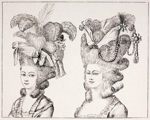 Filles françaises du XVIIIe siècle portant des coiffures et des chapeaux extravagants, 1875