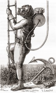 Un plongeur en haute mer du XIXe siècle portant une combinaison de plongée en caoutchouc avec casque et régulateur de réservoir, de 