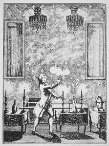 Une démonstration de prestidigitation de La magie Blanche dévoilée par Decremps, 1659, illustré dans une Histoire de la Magie, publié à la fin du 19e siècle - French School