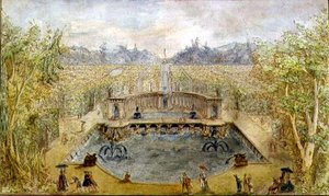 Un jardin formel avec des fontaines, vers 1770