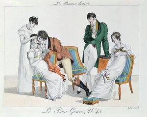Un jeu de baisers, début du XIXe siècle (gravure en couleur)