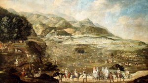 Un camp militaire marocain avec des dames voilées sur des ânes au premier plan - French School