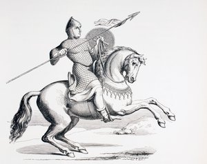 Un chevalier normand vêtu de mailles et de casque portant lance et bouclier, 1873
