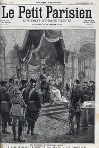 Proposition de désarmement général (faite aux puissances européennes) - Le tsar Nicolas II (1868-1918) lisant son rescrit à ses conseillers. Le Petit Parisien - French School