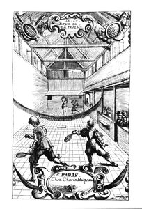 Un jeu royal de tennis au Jeu de Paume, Versailles, publié par Charles Hulpeau