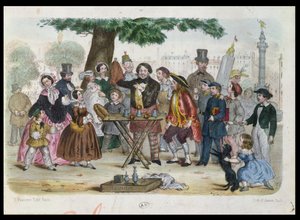 Un magicien de rue près de la Place de la Bastille, Paris, gravé par H. Jannin, vers 1840-50