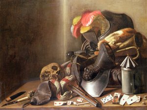 Nature morte vanité avec un crâne, des cartes à jouer et une armure, vers 1650 - French School