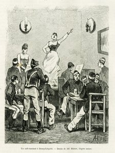 Un café chantant à Bourg Léopold. Gravure par A.Hubert pour illustrer l