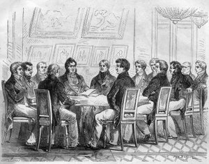 Un conciliable de députés de la bourgeoisie au Palais Royal à Paris sous Charles X et la Restauration. Gravure dans « Histoire des Papes-Rois-Reines et Empereurs à travers les siècles » par Maurice Lachatre