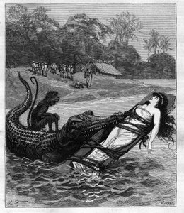 Un crocodile attrape une planche de bois à laquelle une femme est attachée. Illustration de « Voyage autour du monde du marin Biribi » par Théodore Labourieu et Saint Vrin. Gravure de 1880 dans « La république illustrée » collection privée. - French School