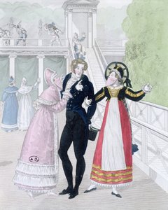 Un dandy courtisé par deux femmes masquées, de la série Le Bon Genre