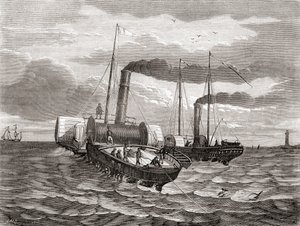 Une première tentative en 1850 par la Anglo-French Telegraph Company de John Watkins Brett pour poser la première ligne sous la Manche, de Douvres à Calais, en utilisant les remorqueurs convertis Goliath et Widgeon, de 