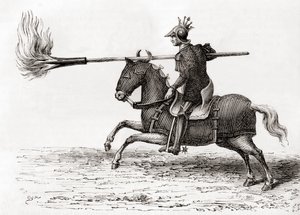 Un chevalier médiéval portant une lance à feu, ou lance à feu, l