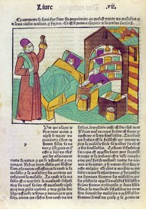 Un patient avec un médecin et un pharmacien, du Livre des Propriétés des Choses par Barthélemy l