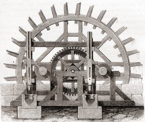 Un moulin à poudre et sa roue à eau, d