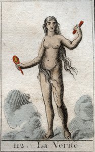 Représentation de la Vérité, comme une jeune femme nue avec un visage candide, elle tient un miroir. De « Mythologie de la jeunesse » par Pierre Blanchard 1803.