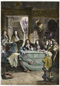 Un salon (Cabaret) réunissant les écrivains français Jean de La Fontaine (1621-1695), Nicolas Boileau-Despréaux (1636-1711), le dramaturge Jean Baptiste Poquelin dit Molière (1622-1673), et le poète Jean Racine (1639-1699) - French School