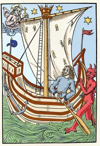 Un navire parmi les dangers de la mer. Un démon saisit la proue tandis que Dieu se manifeste à gauche. Gravure de "Le Grand Calendrier et Compost des Bergers", Troyes 1491 - French School