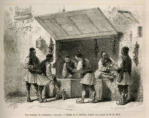 Une boutique de cordonnier et sa clientèle, à Livadie, dessin de D. Maillard, pour illustrer le récit de Henri Belle : Voyage en Grèce