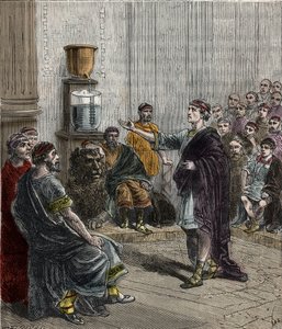Une horloge à eau ou clepsydre à Athènes - Grèce antique - la clepsydre à Athènes - Gravure dans « Sciences à la portée de tous - Physique et chimie populaires » par Alexis Clerc - Fin XIXe siècle - Collection privée