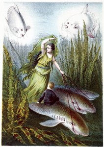 Une femme et un garçon fuyant des poissons géants sur des requins - dans « Voyage au fond de la mer » par H. de la Blanchère. Paris, éd. Jouvet et Cie, sd. 1880
