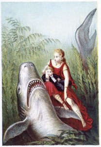 Une femme et un garçon chevauchant un requin - dans "Voyage au fond de la mer" par H. de la Blanchère. Paris, éd. Jouvet et Cie, sd. 1880