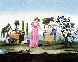 Une jeune mère avec son nouveau-né. Arts déco. Environ 1810.