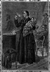 Abbé Marchal nourrit un orphelin recueilli dans un hôpital de la région de Chaumont. Gravure dans le journal illustre "La jeunesse"