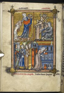 Add. 54180, f. 136v, Miniature avec des anges en habit de pèlerin, de 